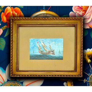 Painting Ship in Wild Sea Oriental Seacape Vintage Nautical Art Decor